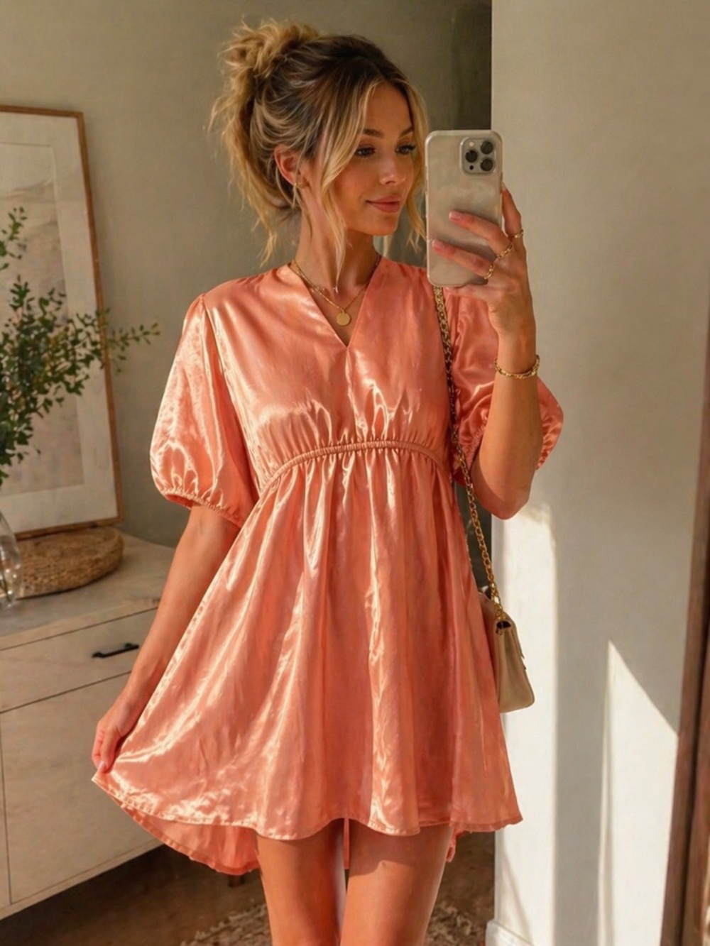 ASOS Blush Satin Babydoll Mini Dress | Puff Sleeve | NWT | Size 6